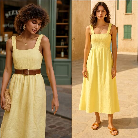 Neiman Marcus Dresses & Skirts - Neiman Marcus S Italian 100% Linen Butter Yellow Smocked Bodice Midi Dress